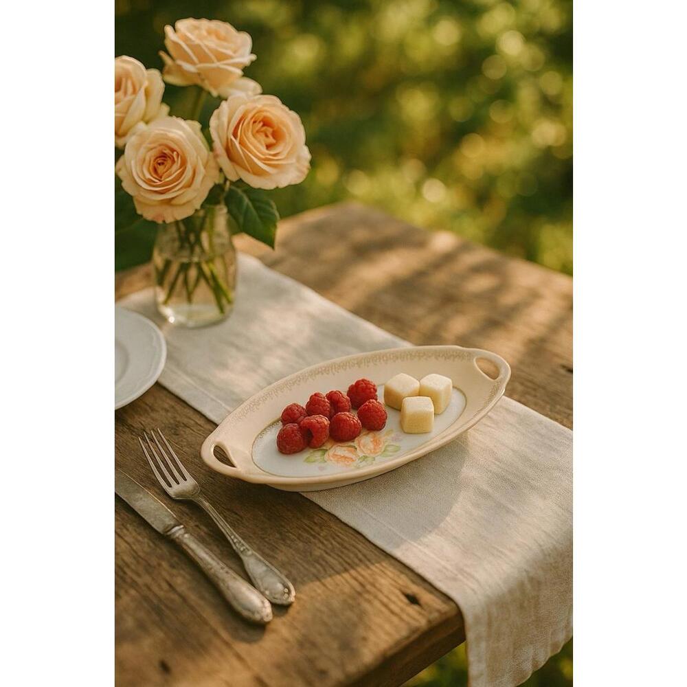 PM Bavaria Germany 1910s Porcelain Cream Oval Handled Relish Tray Dish, 10x4.5”